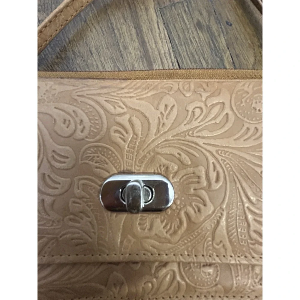 Bueno of California Embossed Floral Wallet on a String Crossbody Bag Tan